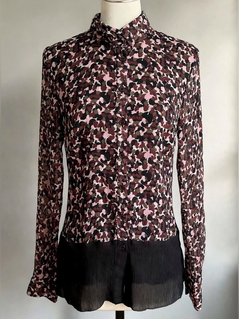 Vintage Style Leopard Print Crinkle Button-Up Blouse Black Hem Size Small